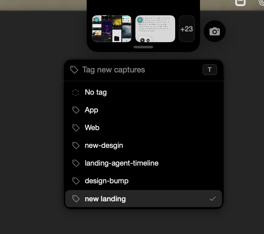 The island's quick picker for tags, opened from the notch, with “new landing” ticked for new captures.