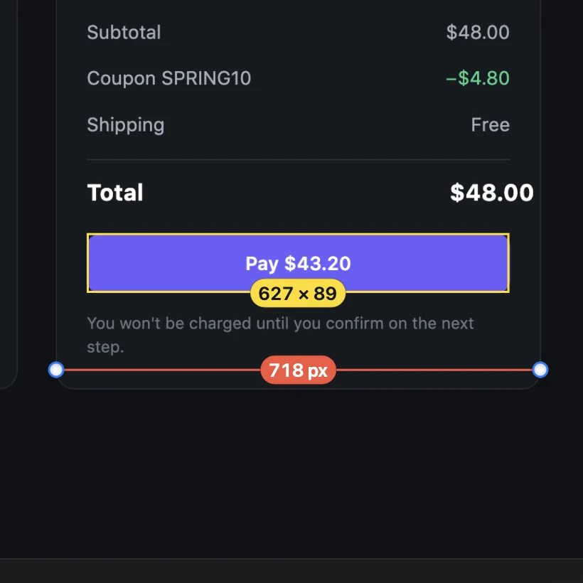 The editor measuring a Pay button at 627 × 89 and the summary at 718 px across.